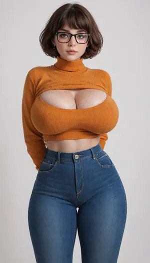 Velma Dinkley, Thick glasses, orange knitted top, massive cleavage, chocker, blue jeans, skinny, very wide hips, small waist, (white background:1.5), <lora:milkers_v2:.8>, <lora:220437_training_data:.5>, <lora:Venus_Body_Alpha:.5>