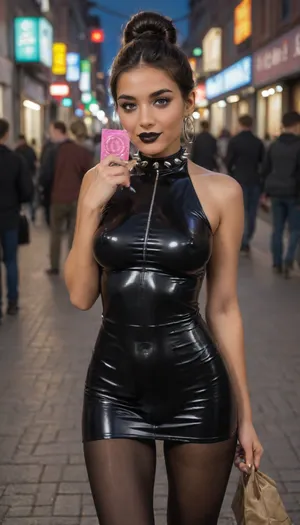 Indian Bengali woman, 18 years old young Beautiful sexy bengali sexy married wife, prominent sexy face, mediam breasts, (smile:.7), (clothing, (mini short transparent latex dress, pantyhose, pantimedias, in night city, hair up, face view), hands in she back, condoms in she hands, rip pantimedias, (rip:.5), (cum shot on pussy:.7), (bukake cum on pantimedias:1), talking with a male man, crowded street, perfect realistic condom in one hand), high makeup, maskara, dark black lipstick, bindi, junk jewellery, spiked slave collar, black money bag hanging on shoulder with chain, long false nails, holding condom in hand, nippple pookies, naked pussy peekaboo under very short length dress, lifting hand and showing the condom to the customer. Holding a luxury bag in other hand