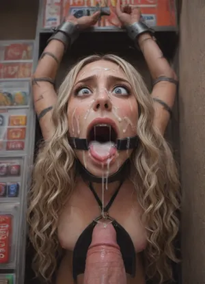 (40 years adult), (woman is stuck with her hips in a round hole with metal rim in a vending machine), (her bust is protruding from a round hole in the front of the vending machine:1.5), (stuck in hole with metal rim:1.3), (vending machine at night, slot for payment), (wide mouth spreader ring gag, gaping mouth:1.5), (leaning forward), (embarrassed, ashamed), (pleading expression:1.2), (terrified:1.6), (crying:1.2), (fear and panic:1.2), (box is low mounted, close to floor), (score_9, score_8_up, score_7_up, UHD 8K, masterpiece, best quality, maximum details, natural light, extreme realism, cinematic still), (huge penis:1.4), (she stares at erect penis in front of her face:1.3), (POV from side view, she is looking up to viewer, submissive), (POV man standing and looking down, man stroking his big dick:1.1), (arms restrained to wall), (her arms left and right flat against the wall, multiple iron rings fixing her stretched arms against the wall:1.5), (POV standing man, looking down on her:1.2), (mouth wide open), (dirty blonde Swedish woman, freckles, tanned), (tan lines), (iron rings restrain her arms to vending machine), (her arms are spread eagle against vending machine:1.8), (arms restrained with iron rings:1.8), (free-standing vending machine), (her face is covered in cum:1.6), (enormous cum in er mouth:1.12), (bukkake, facial:1.48), (crying:1.3), (freckles, skin impurities), (transparent liquid:1.2), (realistic cum), (wet face:1.2), (oily skin:1.5), (stuck in a round hole with metal rim:1.6), (long blonde hair, elegantly styled hair, long wavy hair:1.5), (eyes wide open in horror:1.8), (her mouth serves only one purpose), (she's got a new job, she's a public cum dumpster), (extreme size difference:1.6), (low view:1.7)