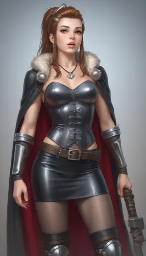 (brigitte from Overwatch mature age, ahegao), ahegao, solo, Braided hair with interwoven leather bands and a few silver beads. Makeup is smoky around the eyes with a touch of war paint., full lips, thick lips, huge chest circumference, muscular, wearing A tight-fitting leather corset in dark brown, decorated with metallic rivets and laced sides, An asymmetrical skirt made of coarse fabric short in the front longer in the back, tight fitting leather leggings with leg wraps, High leather boots with buckles, A wide belt with rune embossing and small pockets for daggers and potions, arm warmers made of fur and leather, long fur cape a necklace with a Thor's hammer pendant, View from waist down, Sensual, erotic, exaggeratedly swollen pussy, extreme pussy cameltoe