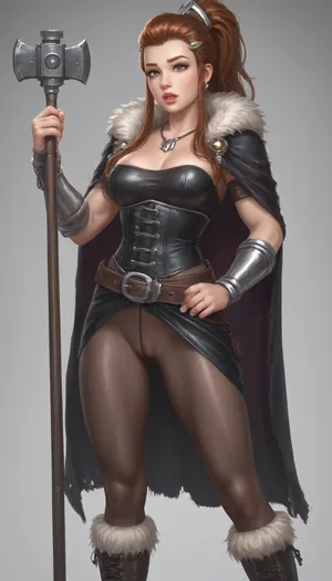 (brigitte from Overwatch mature age, ahegao), ahegao, solo, Braided hair with interwoven leather bands and a few silver beads. Makeup is smoky around the eyes with a touch of war paint., full lips, thick lips, huge chest circumference, muscular, wearing A tight-fitting leather corset in dark brown, decorated with metallic rivets and laced sides, An asymmetrical skirt made of coarse fabric short in the front longer in the back, tight fitting leather leggings with leg wraps, High leather boots with buckles, A wide belt with rune embossing and small pockets for daggers and potions, arm warmers made of fur and leather, long fur cape a necklace with a Thor's hammer pendant, View from waist down, Sensual, erotic, exaggeratedly swollen pussy, extreme pussy cameltoe