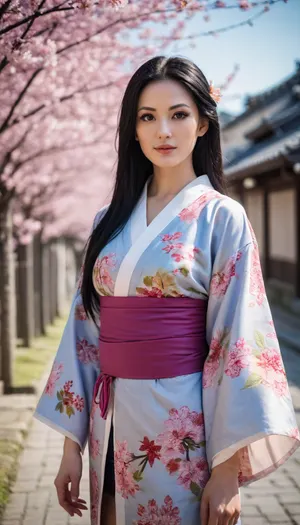 30 years old Nico Robin from one piece, with long black hair, fair skin, wear tradisional sexy short japanese kimono on wano country street, Surrounded by Japanese traditional style architectural buildings, sakura trees, bright sun lighting, striking facein photo 8k, photos taken by hasselblad + incredibly detailed, sharpen, details + professional lighting, photography lighting + 50mm, 80mm, 100m + lightroom gallery + behance photographies + unsplash