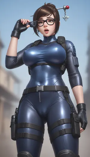 (mei from Overwatch, ahegao), solo, full lips, thick lips, huge chest circumference, slim, A figure-hugging, black tactical bodysuit made of stretchy, high-tech material with mesh panels on the sides for breathability and a hint of skin. The front zipper ends just below the sternum.
Tight, jet-black cargo leggings with strategically placed pockets and buckles. The fabrics are a combination of matte and shiny. Side cutouts with mesh fabric.
A wide utility belt with magnetic clips, mini weapon holsters, and a holographic interface.
Fingerless leather gloves with metal rivets.
A tactical shoulder plate on one side, worn asymmetrically, with neon blue LED accents.
High-cut, lace-up combat boots with hidden blades in the heel.
Sleekly tied-back braid. Undercut with neon highlights. Eyes accentuated with a dark smoky effect and metallic eyeliner. Lips in deep burgundy.
A compact plasma sword on the back, magnetically attached.
Smart glasses with target tracking and night vision.
Mini drone integrated into the belt., View from waist down, Sensual, erotic, exaggeratedly swollen pussy, extreme pussy cameltoe