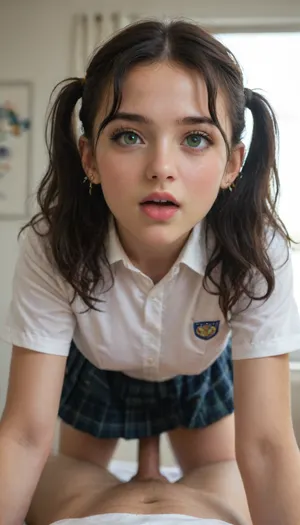 (shot of a legal 18 years old cute virgin), school girl, black hair, pigtails, green eyes, black mascara, upskirt, doggystyle anal, mouth open wide, drooling a lot of spittle