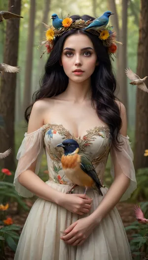 5000000010.276, Beautiful girl with a nest of birds on her head, wearing a dress with open shoulders and flowers in the forest. She has long black hair, big eyes, light makeup and graceful facial features. Soft lighting, warm colors and a dreamy atmosphere create a fantasy style with oil painting effects. Multicolored feathers surround her as a multitude of birds fly around in the charming artist's style.
