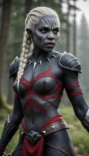 5000000010.274, An ultra-realistic photorealistic fantasy scene depicting a fantastic character in the form of an attractive and scary orc girl with grey skin, sharp ears and fangs, standing tall in animal skin armor, with braided white hair and red tribal tattoos on her face gray skin, holding a battle axe and predatory looking into the distance with a black panther monster. Realistic photo+dark horror shoot+cinematic shot+photo taken by ARRI, fujifilm superia photography, sharp focus on faces+incredibly detailed, sharp details+professional lighting, film grain, cinematic light, cinematic composition