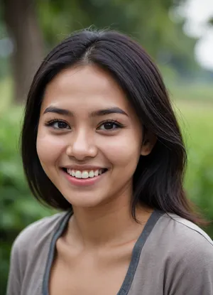 a neutral and casual potrait of young Indonesian female, 26 years old, 163 tall, 55kg, sweet smile neutral face without any make up and facialhair.
bob wolfcut black hair, curvy, chubby face with dimple, flawless skin, pretty face, pretty eyes, perfect face, thick chin, braces teeth, cute fangs, mole on right chin, casual photo. realistic, smiling, braces, Perfect, Fangs, fangs, sharp, teeth, fang