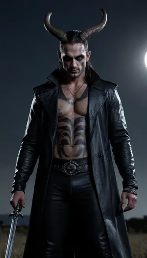 5000000010.247, Close-up of a man with horns and a sword, movie photo, skinwalker, gigachad, wearing modern gothic clothing, horns. dark colors, body painted with black tattoo, very aesthetically pleasing leather long jacket, epically glowing image, full moon in dark sky, by Penny Patricia Poppycock