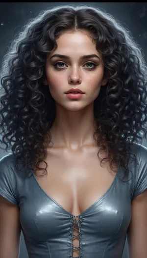 5000000010.293, a drawing of a woman with curly hair, by Charlie Bowater, fantasy art, hair made of shimmering ghosts, solo portrait, shackled in the void, monochromatic airbrush painting, azure. detailed hair, dark intricate, a still of an ethereal