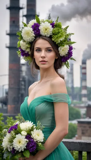 5000000010.301, Pretty girl in green dress with a big bouquet of flowers on her head, bouquet professionally composed of different kinds of flowers, cascade effect, white flowers, green leaves and purple flowers, stems and leaves overlapping each other, background in black white and gray, factory chimneys with black smoke and industrial buildings in the distance, contrast of delicate and feminine shades and gray reality of nature pollution, surreal art, high quality, hyperrealistic, high definition, 8k, HDR, UE5