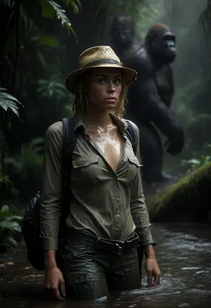 A slender blonde solo jungle explorer looks extremely hot and seductive while wading through a jungle stream with a rifle in her perfect hands, (flat-chested:1.5), hot, perfect face, (random facial emotions:1.5), perfect hands, perfectly slender body, tight butt, fully dressed in a, (wet trekking cargo-pants, shirt, hat and trekking backpack:1.7), (action move:1.8), (highly detailed jungle fauna:1.4), (extremely heavy monsoon rain:1.4), backdrop, (some curious huge gorillas in the blurred background:1.9), fanju, Jungle by night, w4t3rf4ll, cloudy, smoke, atmospheric, clouds, fog, <lora:Jungle_w4t3rf4ll:.8>, <lora:Cloudy_Style:1.3>, <lora:MJ52:.5>, <lora:dark:.5>