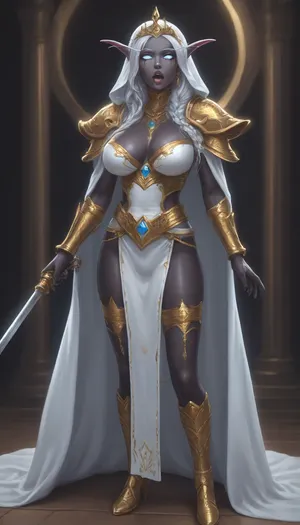 (Blood elf from warcraft, black skin, ahegao), solo, full lips, thick lips, huge chest circumference, slim.
Breastplate, A form-fitting breastplate made of polished silver with golden ornaments that run across the chest like sunbeams. The cut is fitted and slightly cut out at the décolleté – powerful and seductive. The shoulders are bare or feature small, curved shoulder plates shaped like angel wings.

Bottom, An asymmetrical skirt made of heavy fabric, short in the front and with a long, gold-trimmed veil at the back. Underneath, she wears tight-fitting armor panels or shimmering metallic leggings that accentuate her legs while providing protection.

Cape, A semi-transparent cloak made of white fabric with golden runes along the edges. It flutters with every movement and appears like a veil of light – mystical and majestic.

Accessories, A wide belt with a shining crystal in the center – a symbol of her connection to the light.

Leather and metal wrist guards with embedded blessing symbols.

A tiara or headband with a small lightstone – subtle and elegant.

Weapon, An elegant mace or an ornate sword with an aura of light that glows softly with every movement. Alternatively, a shield bearing the symbol of the Silver Hand, light and artfully designed.

Shoes, Tall white leather boots with gold buckles that reach the thighs – sturdy, sexy, and battle-ready.

Hair & Makeup, Shiny, loose hair or a braided braid with gold threads. Makeup with shimmering highlights, radiant eyes, and a touch of celestial glow – like a warrior born directly from the light.
View from waist down, Sensual, erotic, exaggeratedly swollen pussy, extreme pussy cameltoe