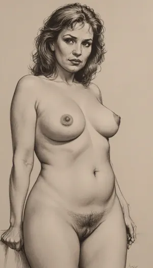 Masterpiece, score_9, score_8_up, score_7_up, maureen, A detailed black and white pencil drawing with clean lines and meticulous shading, sketch of a nude 55 yo mature woman with very long hair pulled into a bun on top of her head, (she is spreading legs to show open hairy pussy:1.6), spread legs, spread wet pussy, view of the mountains and forest, soft features, and a serene expression. She is hanging her breasts with both hands, her trimmed, hairy pussy in full view. The drawing should have delicate shading and intricate details, capturing the essence of the subject with fine pencil strokes, background is be simple, allowing the focus to remain on the portrait itself, drawing, by, NTY, v0ng44g, sk3tch, sexy, 34d tits, sagging tits, flat empty breasts, large dark areolas, thick waist, wide hips, big ass, fat thighs, extensive hairy pussy, (chubby:1.4), (belly folds:1.2), (mature face:1.8), 55 year-old mature milf, <lora:sketch_it:1.6>, <lora:vor_enki.sdxl.lora.v5:1.4>