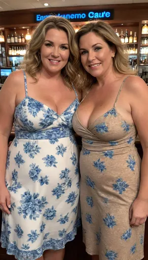Raw picture, iPhone 15 pro photo, warm light, two mature obese ssbbw women, milf, 55 years old, looking at the camera, smiling, large boobs, light brown hair with highlights, almost kissing in a busy bar, flashphoto, dark tanlines, showing her boobs, dark light, skin detailed with skin imperfections, (the woman on the left is wearing a long white colored with blue floral print sun dress), (the woman on the right side is wearing a sleeveless spaghetti strap dress)