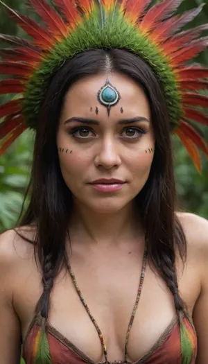 al3ss4n3grin1, <lora:al3ss4n3grin1:.8>, dressed as tupi, Amazonia