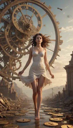 A surreal dreamscape filled with broken clock faces floating in the air. A sexy woman walks barefoot across cracked gears, her hair blowing in timeless wind. Golden sparks and fragments of time glow around her. Surreal, mystical, cinematic.