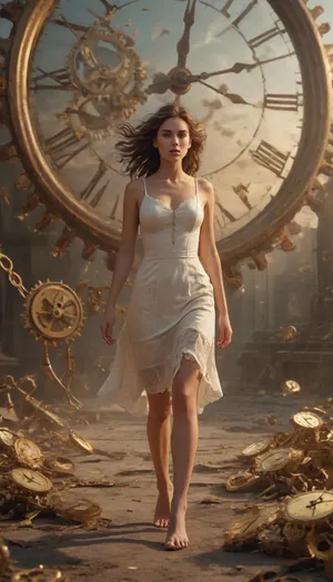 A surreal dreamscape filled with broken clock faces floating in the air. A sexy woman walks barefoot across cracked gears, her hair blowing in timeless wind. Golden sparks and fragments of time glow around her. Surreal, mystical, cinematic.