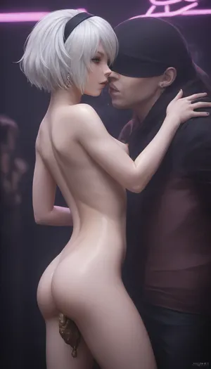 girl and man kissing, the man is much taller than her, (18 year old, cute girl, white hair, hair, very small ass, small breasts, slim), anorexic, oiled skin, feces warmly on the girl's legs from her ass, performing under dramatic neon lights. She wears a futuristic '2b, nier automata', (fully nude), Cinematic atmosphere with smoke effects, sharp focus on her determined face, nightclub background with bokeh effects. Style, hyperrealistic photography, 8k resolution, dramatic lighting.photorealistic, atmospheric photography, 35mm film, high detail, motion blur on the crowd., "