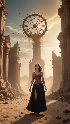 A surreal cinematic scene of time collapsing. A vast cosmic desert where giant broken clock faces lie scattered like ruins, their gears floating in the air. In the center stands a sexy woman in a flowing dark dress, fragments of glowing golden clocks orbiting around her body. The sky is torn with cracks of light, showing glimpses of different eras – ancient temples, futuristic cities, burning wars. Sand pours upward instead of downward, as if gravity is broken. Epic, mystical, gothic atmosphere of collapsing time itself.


#popjoe