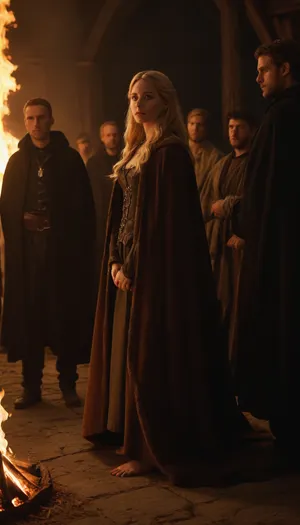 The barefoot young blonde Princess Christin in her sable cloak holds council with the men of her gang around a fire.