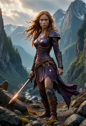 full body cinematic photo, dynamic pose, action photo, offset view, Young woman warrior, strength, determination, glowing sword with inscription, stone runes, wooden runes, talisman, glowing runes, oracle, Scandinavian Mountains, mw01out, FlshfrGR, ral-mytfrst, <lora:Medieval_Worlds_outsidexl:1.5>, <lora:521666_training_data:1.8>, <lora:ral-mytfrst-sdxl:1.2>, <lora:MJ52:1.1>, <lora:Wizards__Mages:1.5>, (long wavy ginger hair), (dark purple armor)