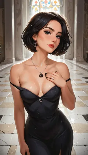This is Bella, gorgeous woman, 36 years old, slavic, 1girl, solo, seductive, beautiful face, youthful face, beautiful at any distance, same face at any distance, (milf:1.4), hotwife, (slender), (small breasts:1.4), (black:1.5), (short hair), messy hair, glamour, long sharp, (black), nails, (wide silver wedding ring), natural skin, realistic skin texture, confident, (natural dark-drown eyes:1.1), small, (queen of spades obsidian pendant:1.2), (no tattoo), perfect body, sexy model, (dramatic dim lighting), dusty, stone floor, (torchlight), (ruined), (rotted medieval throne room), (black velvet dress), dark windows, decline, (swirling dust motes), (high ceilings), (waist-up view), best view, eye contact, best lighting, lighting is warm, soft, diffused, ultra-detailed, 8K, cinematic daylight, soft colors, photorealistic oil painting, non-glossy skin, (j_cartoon:1.4), Her name is Bella, in the past she is, (Snow White:.5), masterpiece, score_9, score_8_up, score_7_up, score_6_up, best quality, digital, (j_cartoon:1.5), Drawing, ohwx, woman, <lora:samdoesarts1.1-000030:.4>, <lora:J_cartoon:.3>, <lora:Animated_Concept:.4>, <lora:scarlet_lora_sdxl_v3-000008:1.6>