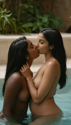 1 indian girl dark skin, having oral sex, kissing the pussy of 1 italian girl 20 yo, (futanari), full body view, full body shot, natural sex pose, natural lighting, soft cozy lighting, intimate lighting, ultra detailed, highly detailed, masterpiece, happy and funny, raven black hair, having a bath in the pool