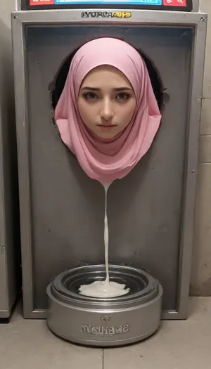score_9, score_8_up, score_7_up, score_6_up, (hijab girl stuck in round opening in container with metal rim:1.3), (restrained around her hips with thick metal rim:1.1), oiled skin, ripped white clothes, after sex, trembling, {{steamy pussy}}, cum in pussy, cum inside, cum leaking out of pussy, cum on ass, excessive cum, pussy juice dripping down to the floor, (big photo of her face on the screen of the machine:1.5), {{trembling}}, rolled up her skirt, glory wall, leaking cum, steamy pussy, (object), public display public, (use pussy stuck hole in arcade machine), (arcade machines lined up), (arcade gaming hall), wall writing, concrete wall, Muslim girl, pink hijab, (free-standing metal box), (stand-alone full-height metal box), (vintage vending machine)