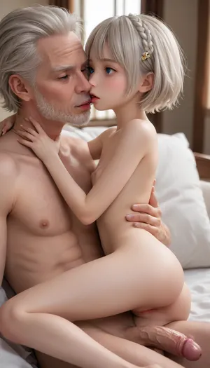 100 old grandpa with big cock with 18 year old petite woman with very small breasts and hard nipples, (Very petite:2), very small body, (smalll girl:1.3), (preemature:1.3), (teeen:1.5), (little:1.5), (small:1.5), (mini:1.5), (18 year old, beautiful blue eyes, cute girl, white hair, hair, very small ass, small breasts, nude, slim), very small slim body, short girl, (young adult:2), very cute face, short young body, tinymodel, small frame, (girl is very cool anorexic, flat chest, flat ass, thin legs, thin waist, skinny belly, white hair, skin is oiled), ((nude)), small breasts, short white hair, sitting on grandpa's lap, nude, tits out, grandpa holding her tits and pussy, tongue kissing, ((spooning:1.2)), nier2b, blue, eyes, red, glowing, <lora:nier2b_agnxl4:.8>