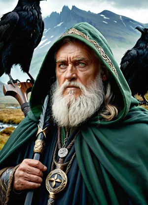 A wise old man, the Norse god Odin, wearing a green hooded cloak, with a thick beard and piercing green eyes, holds a carved staff. Two realistic black ravens with open beaks sit on his shoulders. The old man is set against a backdrop of wide, open mountainous and marshy terrain with ponds and snow-capped mountains on the horizon. Next to him is a huge stone carved with the rune Ansuz. Digital painting, fantasy art inspired by Norse mythology. Dramatic lighting emphasizes the old man's face. Medium shot, chest-level angle showing details of the old man and ravens, as well as part of the expansive landscape. Detailed rendering of the face and beard, mystical atmosphere, realistic textures of the ravens and staff, melancholic colors, expressive features.