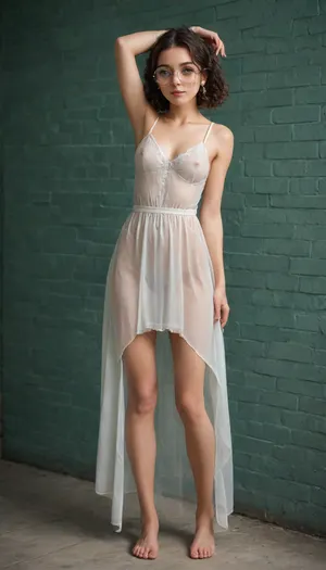 Full body, (((The whole body is visible))), nude, translucent dress, (loft, (green bricks wall)), tiptoe walking, (((round thin-rimmed glasses))), (((narrow low face))), cute face, Super realistic, perfect lighting, (best shadow), 8K, UHD, clear image, (best lighting), highest quality, ultra-detailed images, fine details, high resolution, 8k, (skinny waist), (skinny), Euro-American, perfect natural tits, small tits, armpit, (25 years old), bright honey eyes, dark brown hair, curly, very detailed face, sexy biting lip, face freckles, blush, pale white skin, little curly pubic hair, tt_flat, BJ_Oxygen, krnpp, <lora:reallora1:.8>, <lora:Oxygen girl_SDXL1.0:.8>, <lora:karina_sdxl_v10:.5>