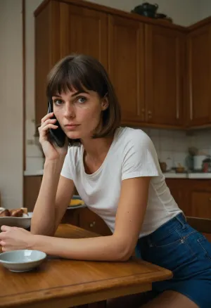 (ultra realistic, ultra detailed, best quality, low angle, side view), (1woman is speaking on her cell phone, intense expression, sitting at table in a small Soviet kitchen, she is looking at the cell phone), (mature woman, 45 years old, (dark hair, medium-length bob with bangs), Anna, (thin face, triangular face, narrow face), pointed nose, feint small amount of freckles across nose, thin lips, dark grey eyes, caucasian, (no makeup), (165 cm height, 45 kg weight, skinny body, (skinny:1.3)), wide thigh gap, skinny flat ass, skinny hips, slightly tanned skin, no tattoos, she is an accountant, her hobby is photography), (wearing short skinny denim skirt, shiny nude tights, long white T-shirt with a wide neckline, black platform)
