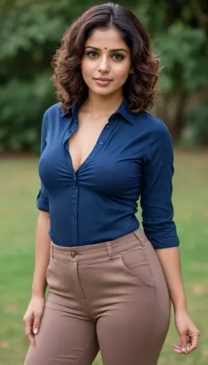 Smart Indian woman, (35yo), in tight brown trousers and cotton formal navy blue shirt, big tits, big ass, round ass, soft tits, soft breasts, thick ass, curvy, milf, beautiful eyes, athletic, body hugging clothes, nipples poking out, hard nipples, short Bob curly hair, gray eyes, big eyes, high resolution eyes, high quality eyes, plump lips, Full body shot, extremely detailed skin, textured skin, rosy cheeks, perfect light, warm light, Hyper photo realistic, high definition, extreme details, ultra-detailed, fine detail, symmetrical eyes, dimple on face, (high detailed mature face), high dynamic range, professional photography