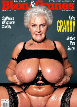 Very busty old shy grandmother, common granny style, oversized giant siliconed breasts, perfect body, 90's, bondage edition, "BEST GRANNIES MAGAZINE" magazine cover
High detailed photo, high quality photo, different poses