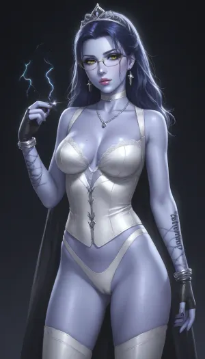 widowmaker, blue skin, solo, mature look, full lips, thick lips.

A figure-hugging corset bodysuit in classic white with delicate lace appliqués featuring traditional embroidery. The neckline is deep and sweetheart, with sheer mesh inserts on the sides that subtly reveal skin.

A short, layered tulle skirt with a holographic shimmer – cheekily high in the front, with a dramatic cape-like veil in the back.

A white choker with a Triforce pendant.

Fingerless gloves with embroidery.

A tiara.

Glasses with transparent frames.

White knee-high boots.

Two playful braids.

Makeup with shimmering pastel blue eyeshadow, eyeliner with a lightning bolt wing, and holographic lip gloss.
View from waist down, Sensual, erotic, exaggeratedly swollen pussy, extreme pussy cameltoe, Close up of