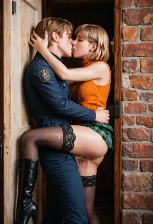 Create a romantic and highly sensual scene inspired by Ashley Graham and Leon S. Kennedy from Resident Evil 4 Remake, (explicit sex), (vaginal sex), Ashley should be pressed against an old stone wall or a worn wooden door, in a dark and decayed setting. She looks at Leon with desire before being taken into a deep, passionate kiss. Her wavy blonde hair falls slightly messy around her face as her lips lock with Leon’s. She wears a tight sleeveless blouse in a warm tone, (burnt orange or deep red), and a short fitted mini-skirt, paired with lace black thigh-high stockings and feminine boots. Her hands grip Leon’s jacket, pulling him closer, showing urgency and surrender.

Leon should be pinning Ashley against the wall firmly, one hand holding her waist and the other pressed against the wall near her face, creating romantic tension. His eyes closed and expression intense during the kiss should convey restrained passion and desire. He wears a dark leather jacket or a fitted tactical outfit, exuding both strength and vulnerability as he gives in to the moment.

The atmosphere should be cinematic and moody, with dramatic lighting emphasizing the curves of their bodies pressed together, Ashley’s glowing blonde hair, and the charged energy of the kiss. The focus should be on the intensity of their closeness, the passion of the kiss, and the provocative chemistry between them.