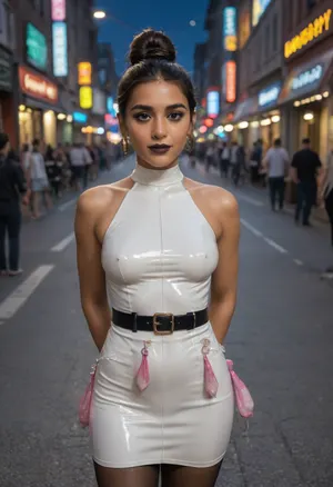 Indian Bengali woman, 18 years old young Beautiful sexy bengali sexy married wife, prominent sexy face, mediam breasts, (smile:.7), (clothing, (mini short transparent white latex dress, pantyhose, pantimedias, in night city, hair up, face view), hands in she back, wearing belt of used condoms, rip pantimedias, (rip:.5), (cum shot on pussy:.7), (bukake cum on pantimedias:1), talking with a male man, crowded street, perfect realistic condom in hand), high makeup, dark black lipstick, bindi, junk jewellery
