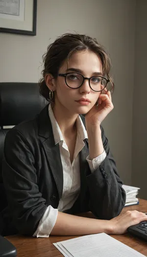 Lena, a young office employee, sitting at a desk. Tired eyes with slight dark circles, calm neutral expression. Thin glasses, loose dark jacket, hair tied in a simple knot. Office interior, soft muted colors, gentle lighting, lifelike drawing, detailed face, slightly weary but focused, quiet tidy background with office items, <lora:add-detail-xl:.8>