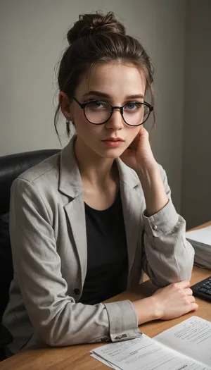 Lena, a young office employee, sitting at a desk. Tired eyes with slight dark circles, calm neutral expression. Thin glasses, loose dark jacket, hair tied in a simple knot. Office interior, soft muted colors, gentle lighting, lifelike drawing, detailed face, slightly weary but focused, quiet tidy background with office items, <lora:add-detail-xl:.8>