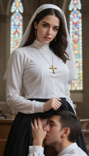 A beautiful young woman in a nuns habit, long black hair, a young male priest in a clergy shirt makes her cunnilingus right under her skirt.