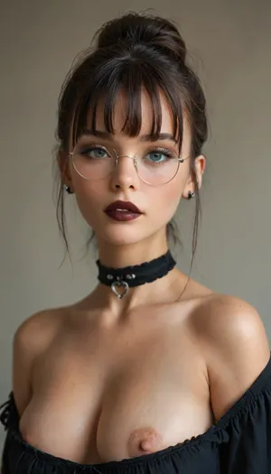 score_9, score_8_up, score_7_up, score_6_up, 1girl, tied hair up with a fringe, black round glasses, goth makeup, black lipstick, ((fringe)), choker, giant tits, half body, detailxl, 4ng3l, face, <lora:MJ52:.8>, <lora:attractive_notrigger:.8>, <lora:SDXL_BetterFaces-LoRA_v1:.8>