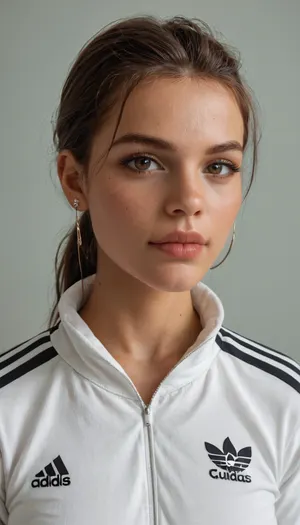 Portrait of Nastya Mirnaya, tough and straightforward Russian street girl, (gopnica), confident bold walk. Slightly tanned skin, intense gaze, low voice, russet brown hair tied back in a simple ponytail. Wearing full black or khaki Adidas tracksuit, sneakers, short top showing a small tattoo on her ribs. Exudes 'don’t come closer than a meter' confident vibe, edgy street charm, realistic Russian urban vibe, detailed face, confident posture, soft lighting, lifelike drawing., <lora:add-detail-xl:.8>, 4ng3l, face, <lora:SDXL_BetterFaces-LoRA_v1:.8>, NEGATIVE_HANDS