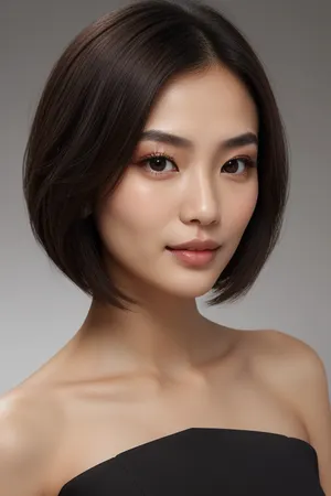 High-realism young East Asian woman, straight-on view, centered in frame. Long slim oval face with sharp V-line jaw and slightly pointed chin, forehead about one-third of total length, lower face slightly longer. Almond eyes, warm gaze, irises large and dark brown, subtle lid fold, calm expression. Medium-thickness brows with soft curve. Slim nose, tip softly rounded, length about one-third of face. Full lips, top about seventy percent of bottom, gentle smile with corners slightly lifted. Smooth luminous fair skin with warm undertones. Dark brown to near black hair, medium bob length, parted slightly left, smooth with slight inward curl at ends. White round-neck top visible. soft even light from front slightly above eye level, no harsh shadows. black gown full body