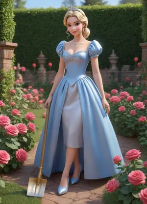 Disney's Cinderella, in a blue ball gown and crystal slippers, with a garden shovel, (plants forty rose bushes in the garden:1.5), trending on artstation, 4k, unreal engine, cinema 4d, pixar, 3D studio ghibli inspired, dreamworks mod