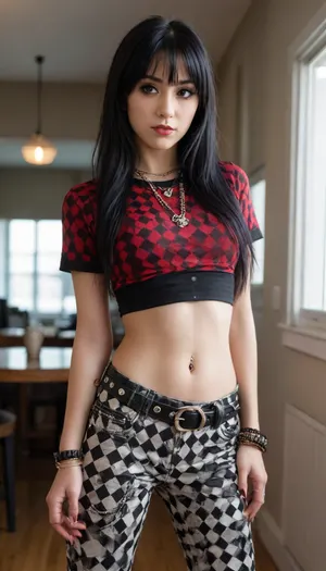 (photorealistic), (masterpiece), (photography), (realistic skin texture), (professional lighting), alluring woman
90s style, 90s Aesthetics, emo 1girl, black emo hair, long hair with bang, checkerboard flared pants, low waist wide bell pants, closed mouth, stripped red and black shirt, holding, jewelry, long hair, midriff, (navel black piercing), solo. red checkerboard belt, eyeliner, chains, emo style, fishnet top, spikes, <lora:Late_90s_Japanese_Urban_Fashion:1>