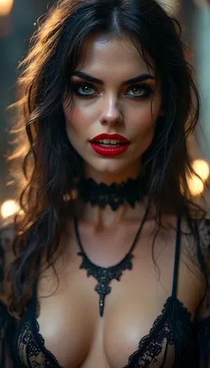 Close up of 30 year old sensual seductive dark haired vampire, ((long sexy vampire fangs)), dark eyes, she wants to fuck, <lora:BUT_SDXL_SHS:.7>, <lora:MJ52:.4>, <lora:Vivid Midjourney mimic - XL SDXL v2.0:.4>