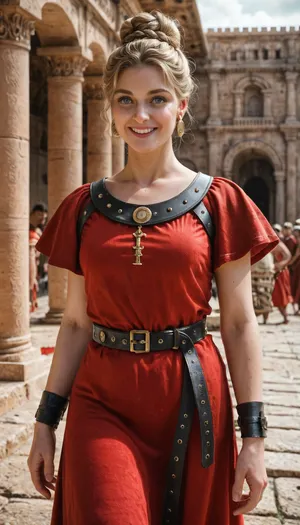 Roman patrician, blond hair tied back in a bun, red tunic with black embroidery, leather belt, leather bands on her forearms, smiling, Ancient Roman market