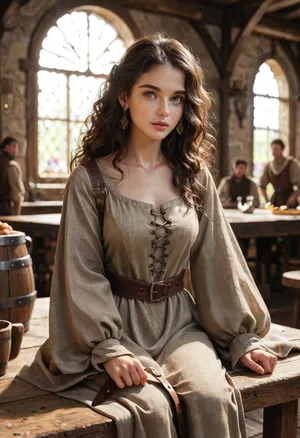 Brunette, long straight hair, brown silk tunic with V-neck fastened with straps at the neck, tunic with sleeves, leaving legs bare, sitting on a table in a medieval tavern