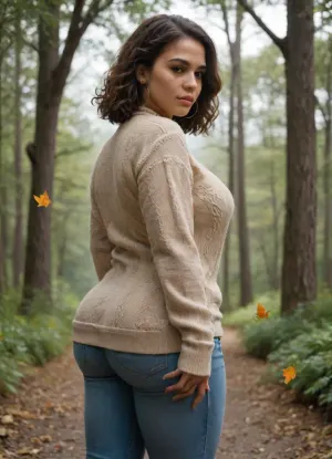 Latina, black straight hair, chunky knit sweater, jeans, surrounded by falling leaves, warm earthy tones, soft sunlight filtering through trees, ultra-realistic, 4k, big ass, large ass, thick thighs
