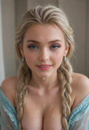 This is a description of a young woman cosplay Elsa who is posing solo with her hair styled in twin braids Elsa Frozen and a braid that falls over one shoulder. She has blonde hair and a smile on her face, with one eye closed as if she's lost in thought. The model wears no clothing, but the image suggests a realistic depiction of her body. There is shading around her eyes to give the impression of depth and realism.
The model appears to be nude, with her breasts and stomach covered by cum that has been applied on her face. She's wearing a facial expression that looks like she's enjoying the sensation of being cummed on. The image also includes bukkake, which is a Japanese term for group sex where multiple men ejaculate onto one woman.
Overall, this description suggests an erotic and explicit depiction of a young woman who is enjoying a sensual experience with her body., bukkake, woman, cum, on, face, <lora:MS_Real_XL_Bukkake:.5>, <lora:JustCum:.5>